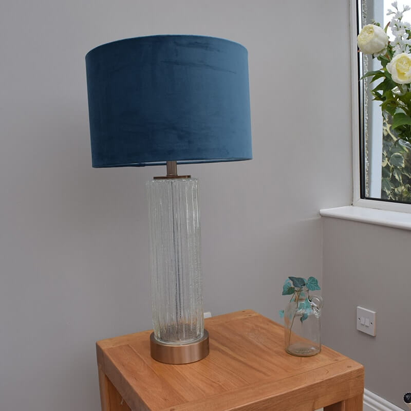 Glass Table Lamp With Soft Navy Velvet, Glass Lamp Base And Shade