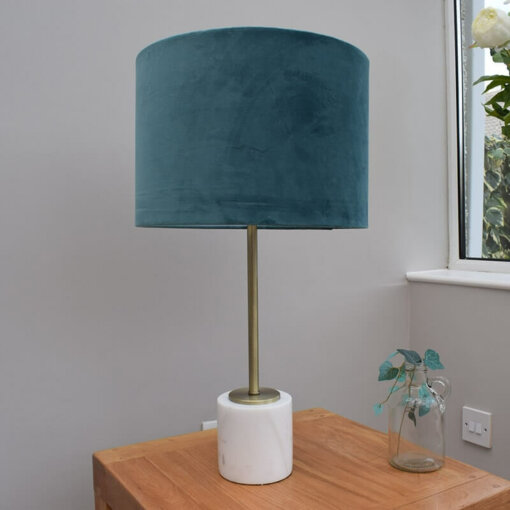 Marble Table Lamp with Teal Velvet Shade